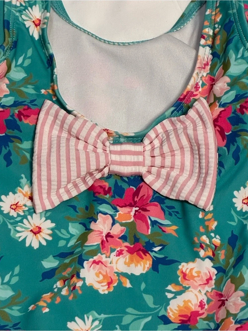RuffleButts 3-6M Floral Ruffle One Piece Swimsuit Bow Teal Pink Baby Girl